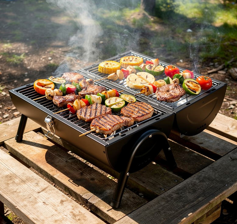 Portable charcoal BBQ grill for outdoor cooking